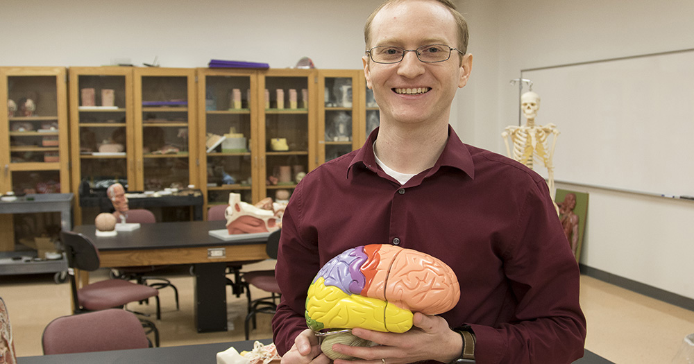 Instructor holding a model brain