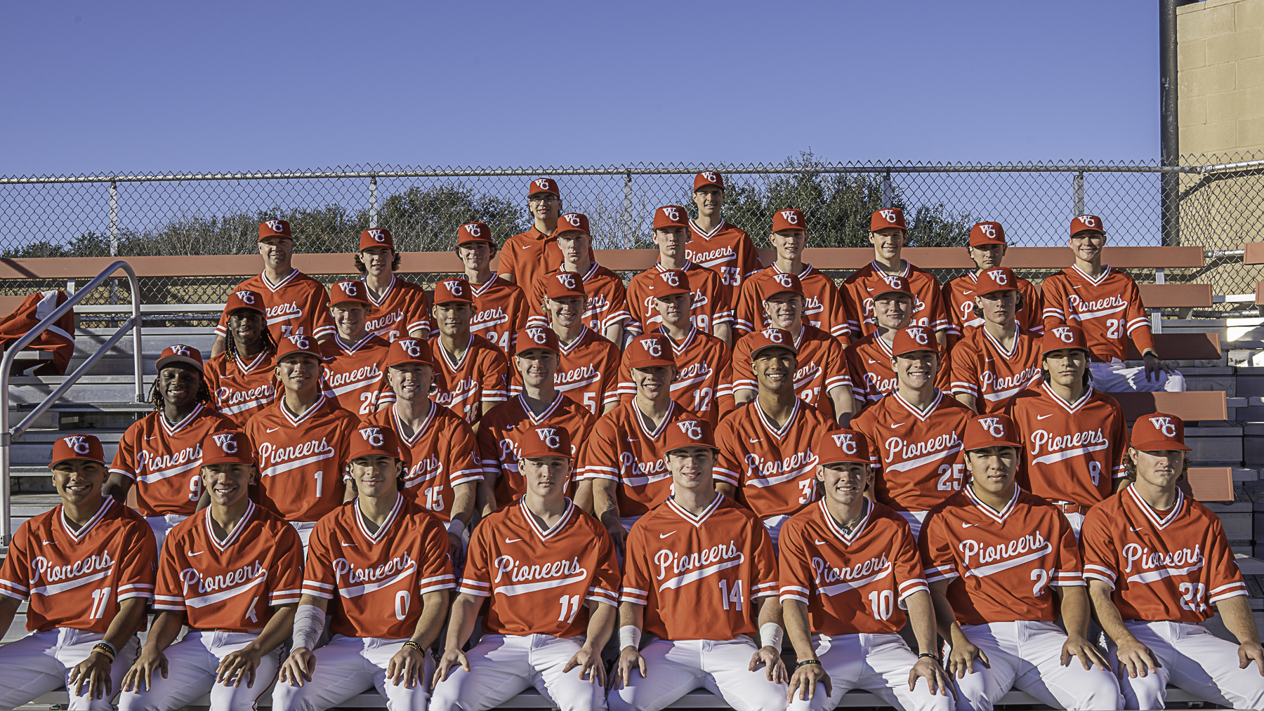 Baseball teem posing on field 