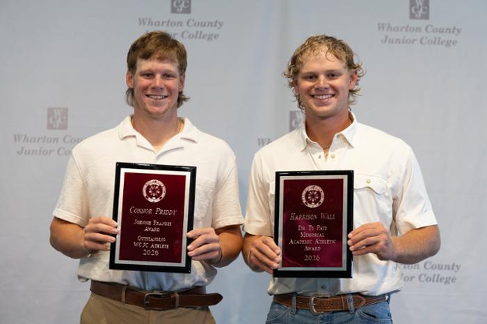 Wharton County Junior College Pioneers baseball team players Connor Priddy of Lago Vista, left, and Harrison Wall of Mount Pleasant received awards for their achievements. Priddy won the 2026 Johnnie Frankie Award and Wall won the 2026 Dr. Ty Pate Memorial Academic Athletic Award. 
