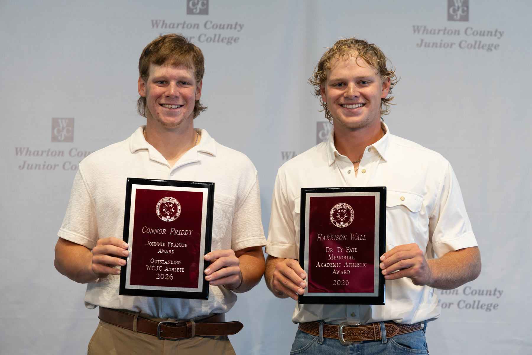 Wharton County Junior College Pioneers baseball team players Connor Priddy of Lago Vista, left, and Harrison Wall of Mount Pleasant received awards for their achievements. Priddy won the 2026 Johnnie Frankie Award and Wall won the 2026 Dr. Ty Pate Memorial Academic Athletic Award. 