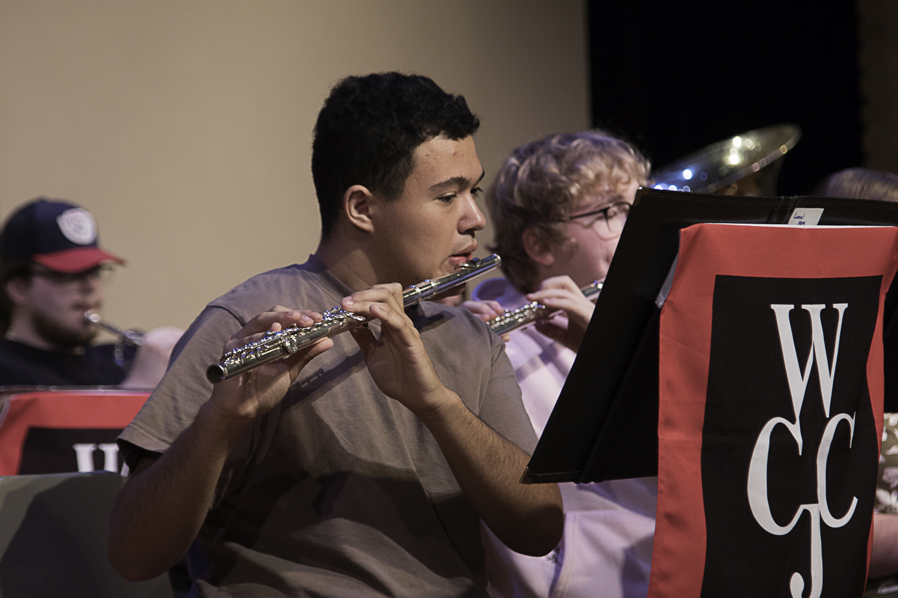 The Wharton County Junior College Band will present the “Orchestral Gems for Band” concert at 3 p.m. and 7 p.m. Tuesday, Oct. 28, at the Horton Foote Theatre in the Duson-Hansen Fine Arts Building on the Wharton campus. Both performances are open to the public and free of admission. Students shown practicing are, from left, Lionel Vera of Richmond and Aidan Meek of Hungerford.