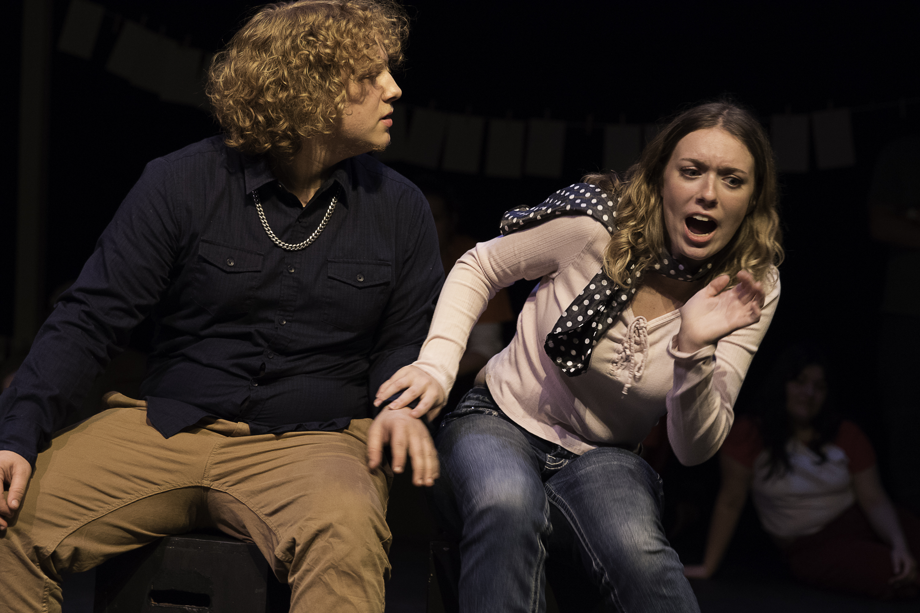 The Wharton County Junior College Drama Department will present "Too Much Light Makes the Baby Go Blind" on Nov. 20-22 at the Horton Foote Theatre on the Wharton campus. In this scene from the play, Hailey Thorne of Katy recoils from the unwelcome advances of Charles Arriaga of Sealy.