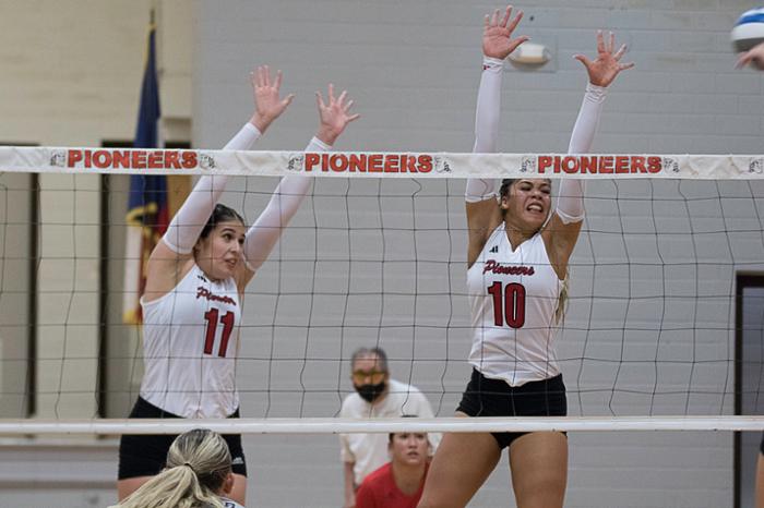 The Wharton County Junior College Pioneers volleyball team defeated Tyler College, 3-1, on Sept. 5 at the Gene Bahnsen Gymnasium in Wharton. This was WCJC's first home game. The Pioneers are 1-1 in conference play heading into the NCTC Tournament, scheduled for Sept. 6 through Sept. 7 in Gainesville. Pictured, from left to right, are WCJC players Elaiza Martinez of Rio Grande City and Haile Brandon of Fresno.