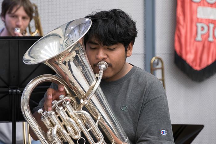 Wharton County Junior College band members rehearse for upcoming concert. Pictured are Carlos Luna of Eagle Lake (foreground) and Tyler Clare of Palacios.