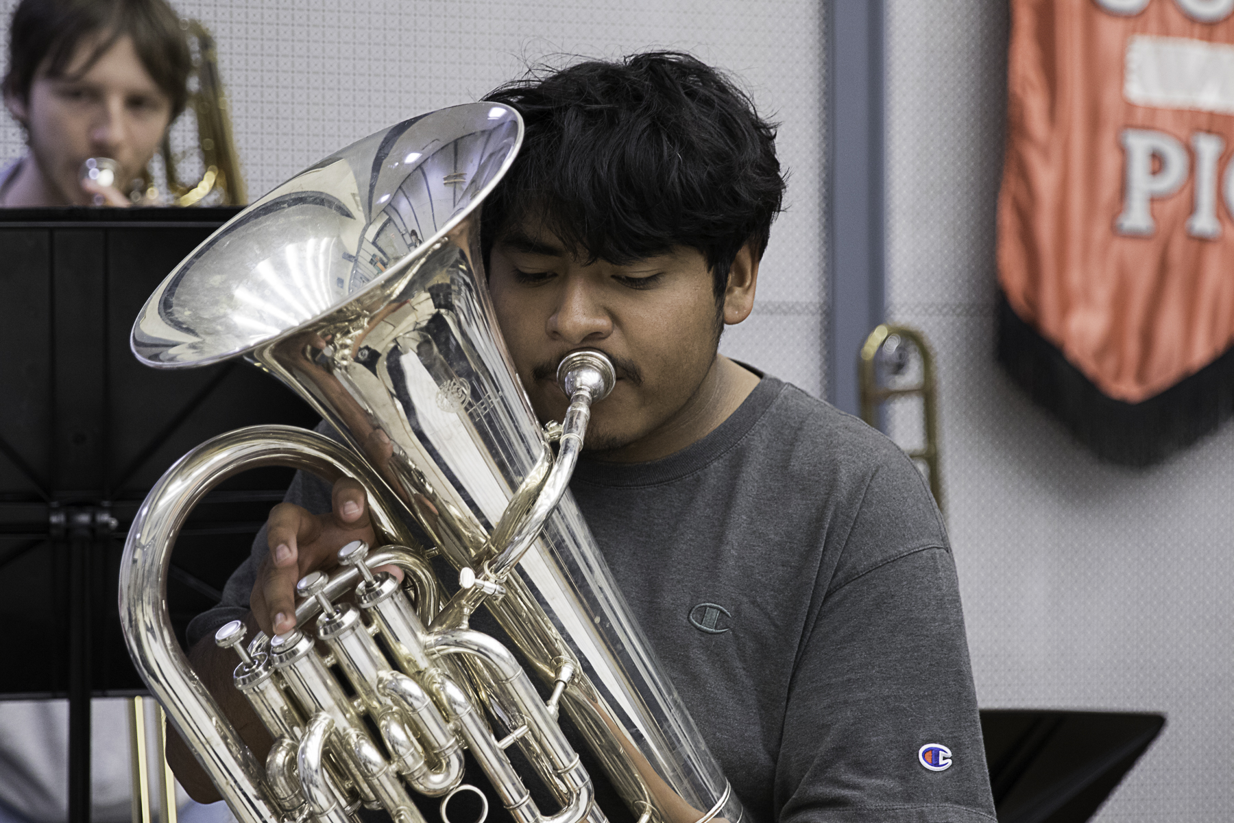 Wharton County Junior College band members rehearse for upcoming concert. Pictured are Carlos Luna of Eagle Lake (foreground) and Tyler Clare of Palacios.