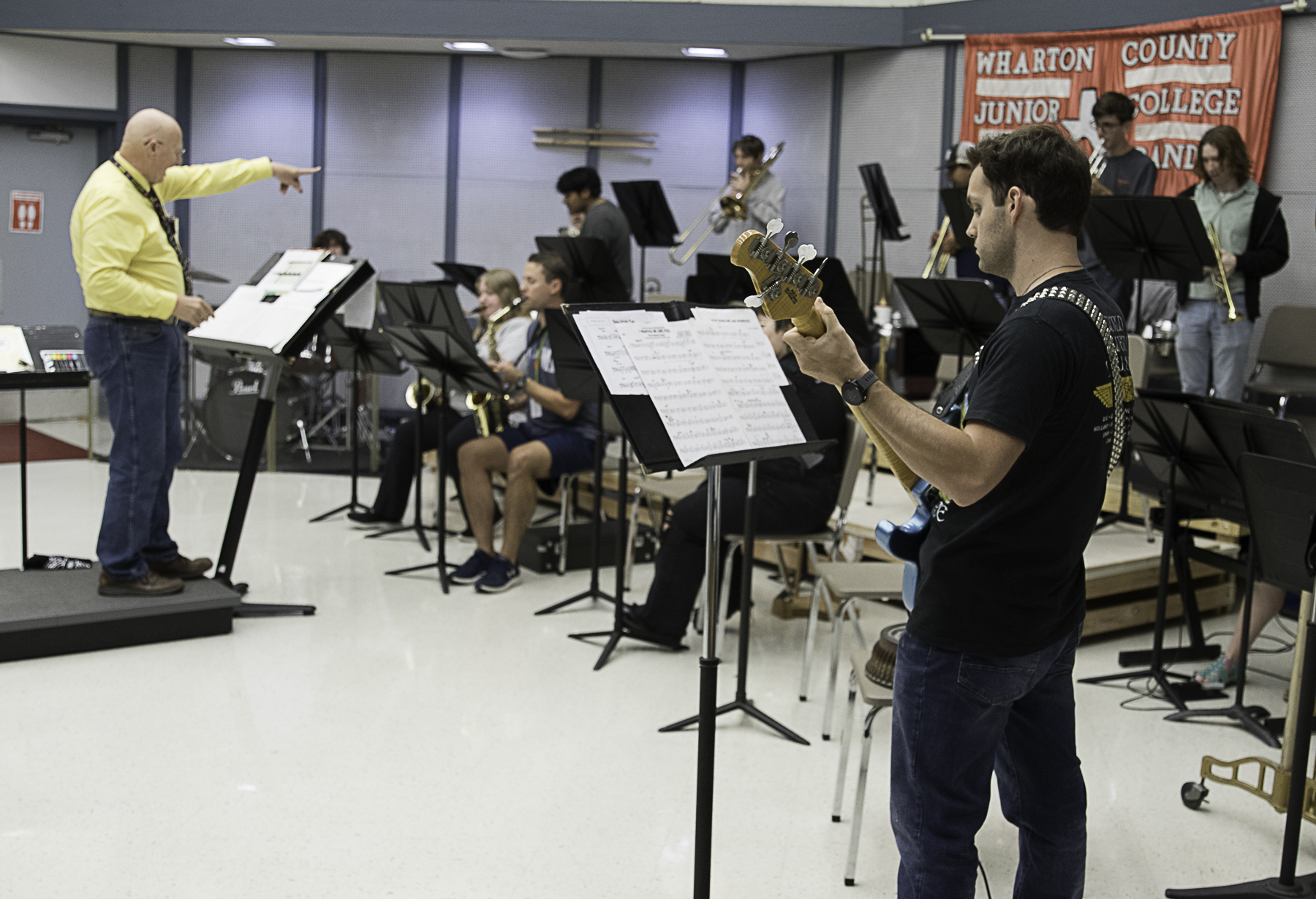 The Wharton County Junior College band rehearses for their upcoming show, "Swingin' with Disney," scheduled for 3 p.m. and 7 p.m. Tuesday, Sept. 24, 2024, at the Horton Foote Theatre in the Duson-Hansen Fine Arts Building on the Wharton campus. The show is free and open to the public.