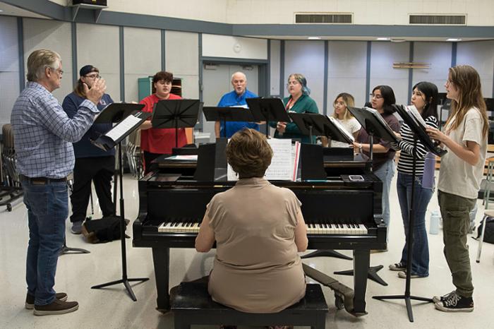 The Wharton County Junior College Choir will partner with the Wharton Community Choir for “Sounds of the Season.” Pictured, from left, are WCJC Choir Director Dr. Karl Paoletti, Spencer Cole of Needville, Matthew Mirelez of Bay City, Wharton Community Choir Director Mike Henderson, Gabrielle Tarlton of Victoria, Anahiyarith Rodriguez of El Campo, Alexis Alvarez of Bay City, Vanessa Flores of Needville and Julie Burns of Needville. Seated is WCJC Instructor of Music Debra Lemson. Not pictured is De’Maurion Leday of Bay City.  