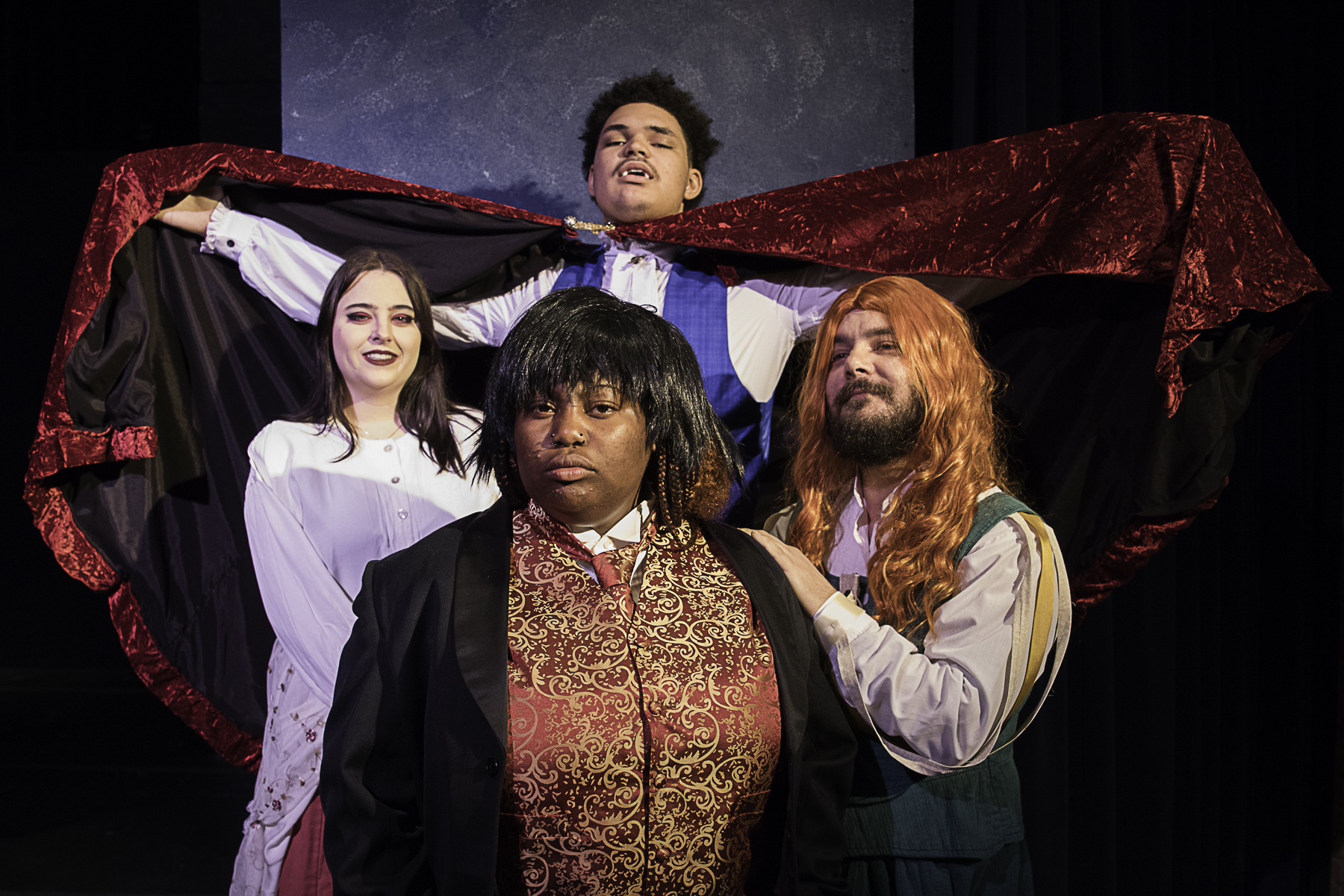 The Wharton County Junior College Drama Department will present "Dracula: A Comedy of Terrors" from Feb. 20 through Feb. 22 at the Horton Foote Theatre on the Wharton campus. Pictured with Dracula (Dante Hancock of East Bernard) are, from left, Makaya Brown of Bay City, Valerie Brown of Eagle Lake and Ryan Martin of Needville. 