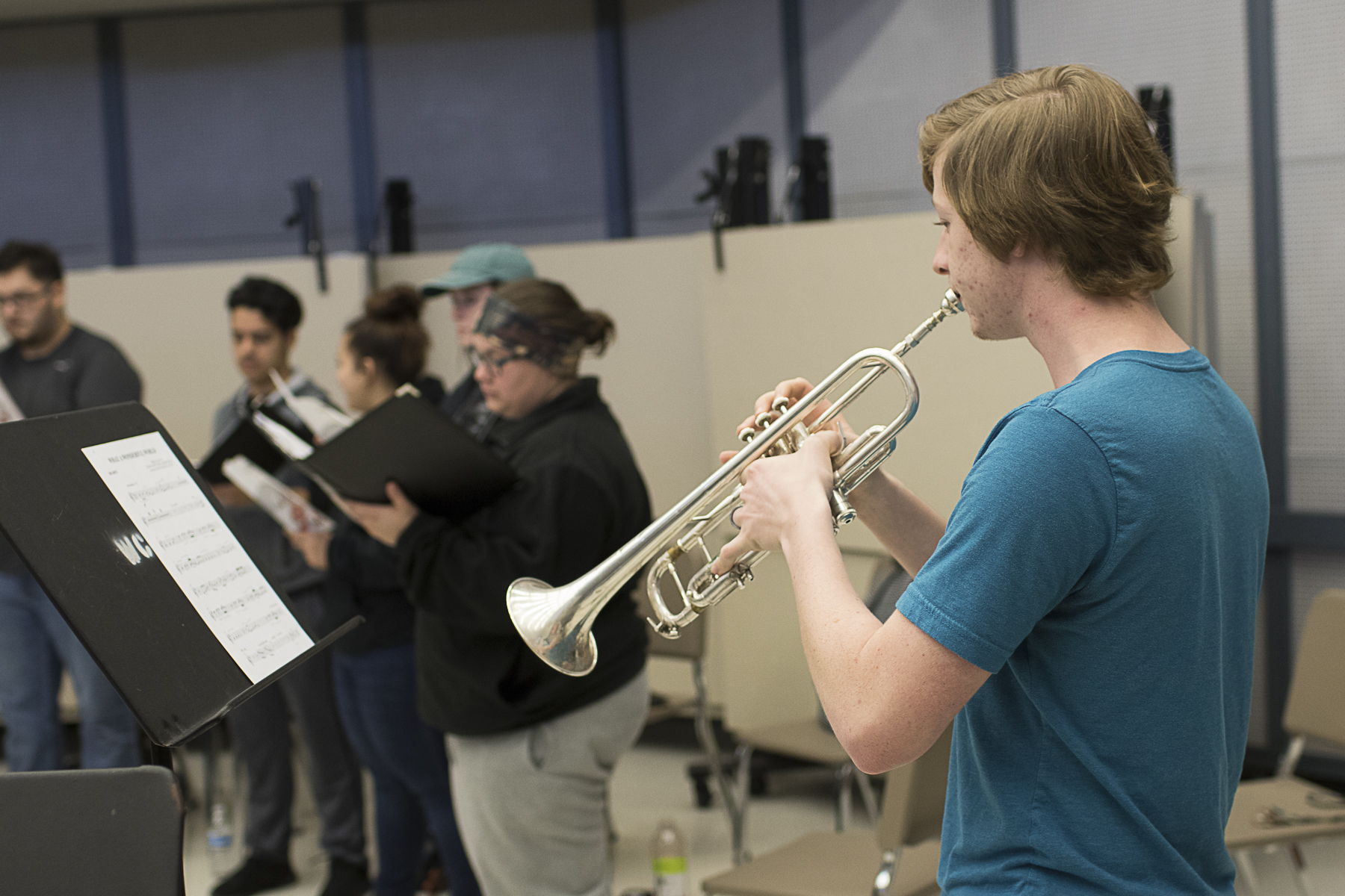 WCJC Band trumpet player Ethan Weinberg of Danevang rehearses with WCJC Choir members