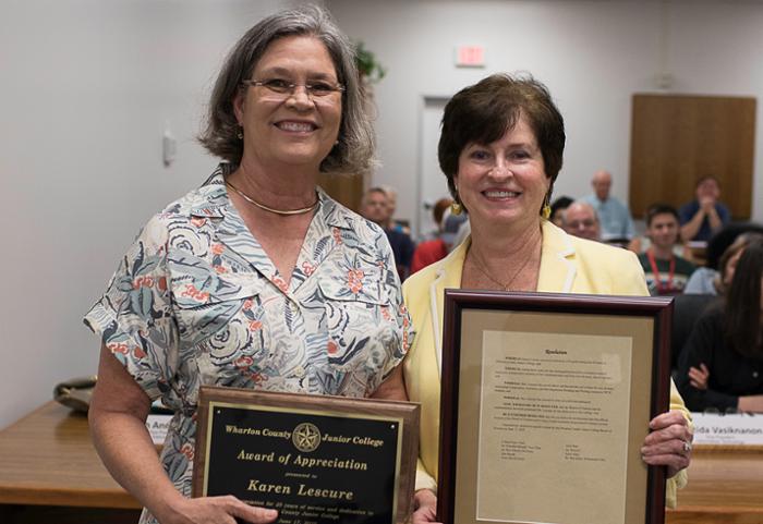 Wharton County Junior College English Instructor Karen Lescure (left) retired this year after 20 years of service.