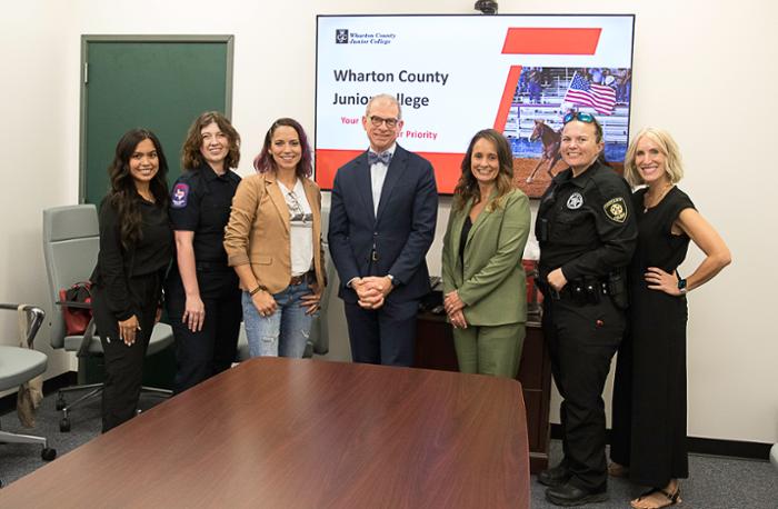 Wharton County Junior College hosted Texas Higher Education Coordinating Board Commissioner Dr. Wynn Rosser at the Richmond campus on Sept. 18. The event included a Student/Alumni Panel Discussion which provided insight on how WCJC has positively affected the lives of students. Pictured, left to right, are cosmetology student Erika Leanos Raigoza, EMS student Ashley Jones, EMS graduate Kristyal Vann, Commissioner Dr. Wynn Rosser, WCJC President Dr. Amanda Allen, police academy graduate Elizabeth Smith and dental hygiene graduate Angela Toler.