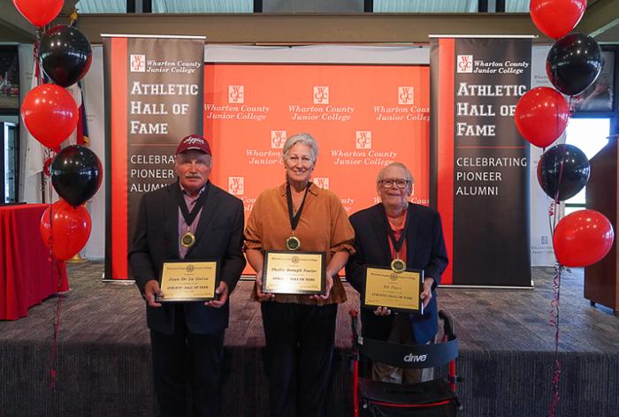 Wharton County Junior College recently held an induction ceremony for its 2024 Athletic Hall of Fame. Pictured, left to right, are recipients Juan De La Garza, Phyllis Bonugli Fowler and Ed Fiori. Not pictured are recipients Phil Blackmar and Justin Maass. 