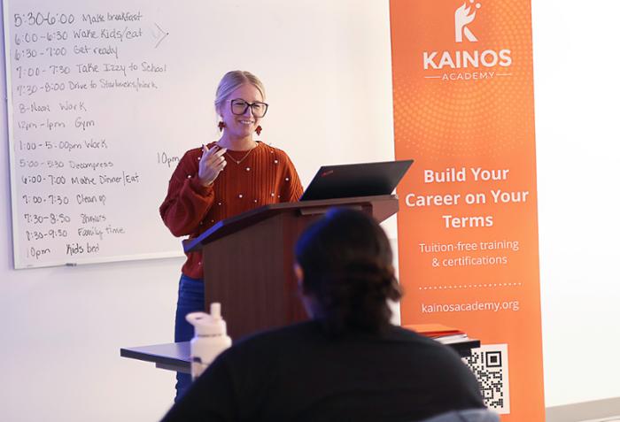 Wharton County Junior College is teaming up with Kainos Academy this fall to provide educational opportunities for young adults at the Bay City campus. Pictured is Kainos Academy's Ronda Espinosa teaching at the campus.  