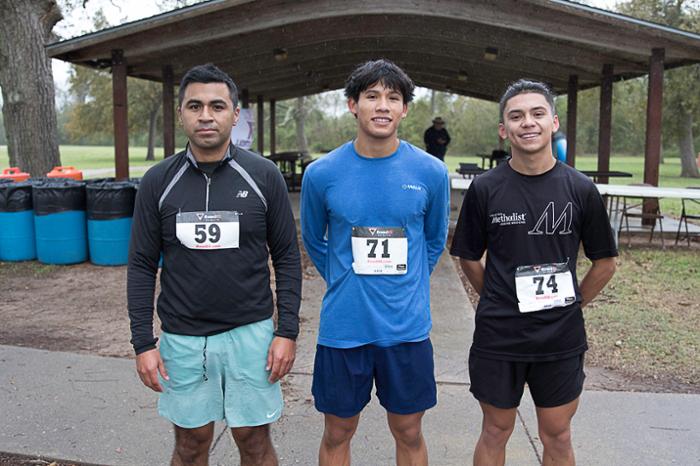 The Wharton County Junior College Senior Citizens Program held the 5K Stride and Stroll event on Saturday, Dec. 7, in downtown Wharton. Pictured are the top three finishers in the male division. From left to right are Alberto Velazquez (third place), Evan Jacinto (first place) and Jorrdin Garcia (second place).