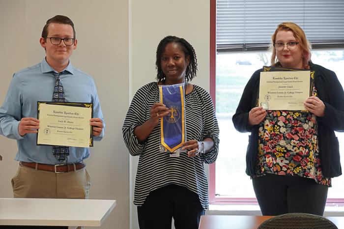 Wharton County Junior College recently hosted a Law Day event at the Richmond campus. During the event, two students were inducted into the Lambda Epsilon Chi legal honor society. From left are Cade Meyer of Needville, WCJC Paralegal Studies Program Director Dr. Erma Hart and Jennifer Umali of Richmond. 