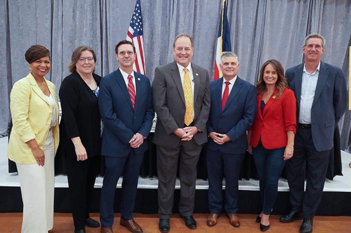Wharton County Junior College was well-represented at the 2025 State of Higher Education event, held earlier this summer in Sugar Land. Pictured, left to right, are Qiara Suggs, Fort Bend Chamber Immediate Past-Chair and representative of Texas Dow Employees Credit Union (TDECU); Jennifer Henrikson, Fort Bend Chamber Education Division Chair and representative of Stantec; Dr. Michael Webster, Houston Community College Southwest; John Kennedy, Texas State Technical College; Dr. Jay Neal, University of Houston at Sugar Land and Katy; Dr. Amanda Allen, Executive Vice President of Wharton County Junior College; and Steve Parker of Stantec.