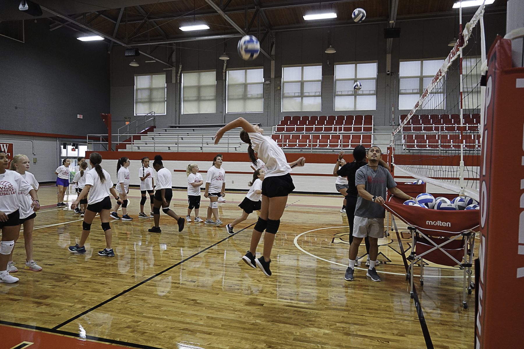 Participants of last year’s Wharton County Junior College summer volleyball camp work on their skills at the Gene Bahnsen Gymnasium in Wharton. WCJC’s volleyball and baseball programs will sponsor summer camps again this year. 